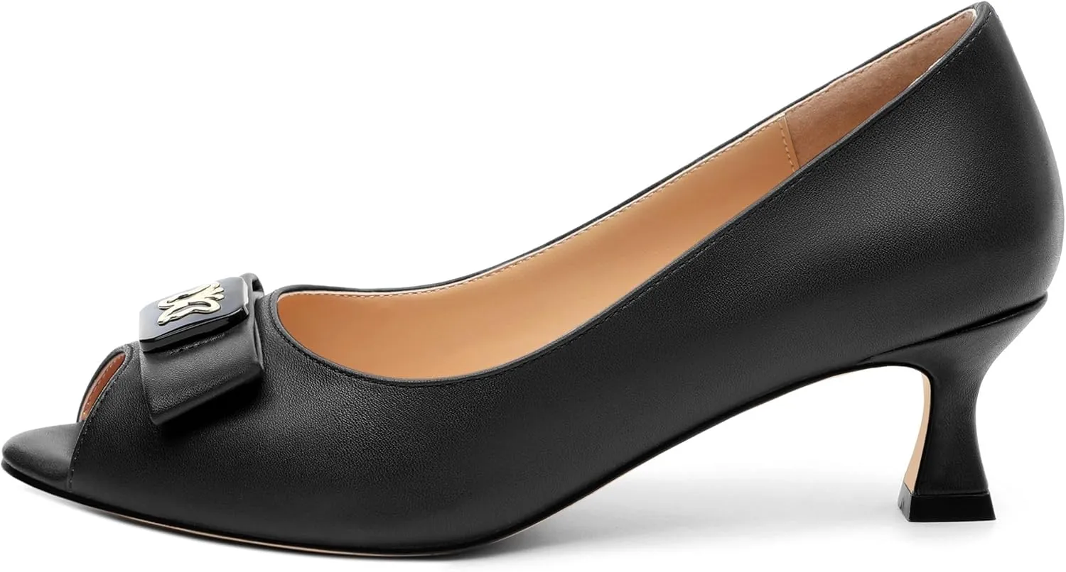Womens Dress Peep Toe Patent Open Toe Slip On Dating ，Patent Slip On Bow Round Toe Bow Decorated Kitten Low Heel Pumps Shoes 2 Inch