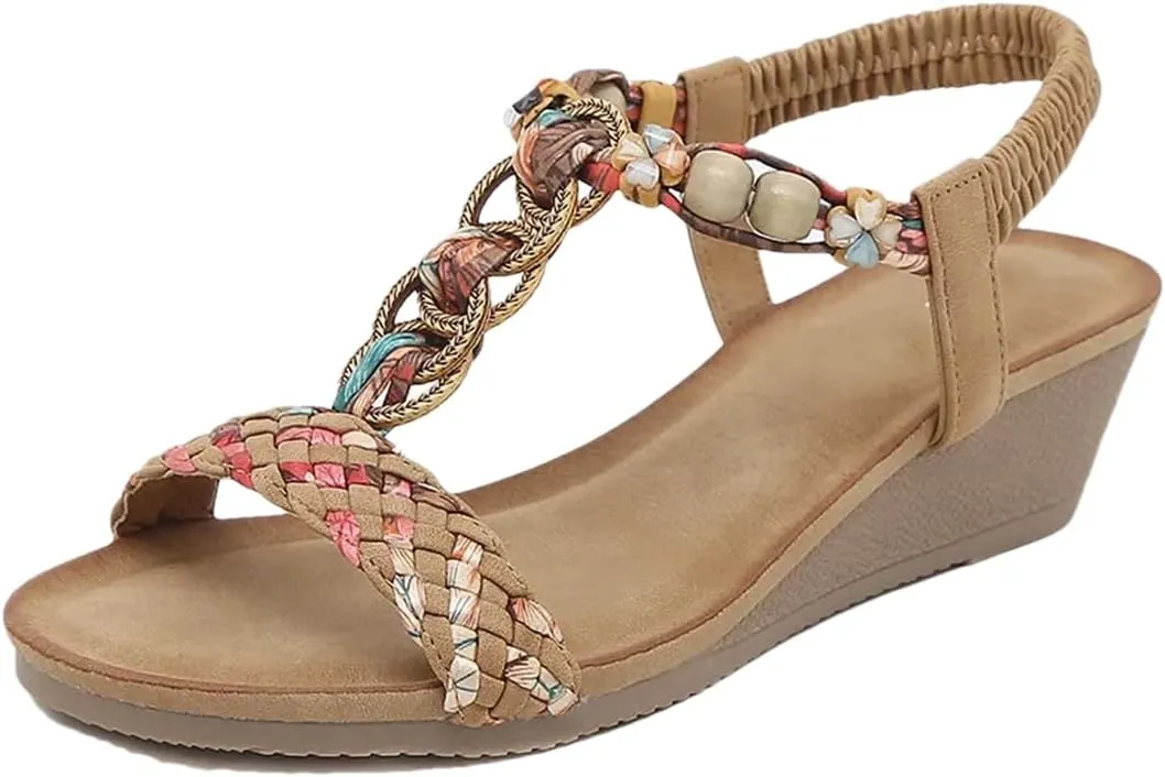 Womens Elastic Band Back Strap Wedge Heel Open Side Vamp Modern Sandals PU Upper Beach Summer Sandals