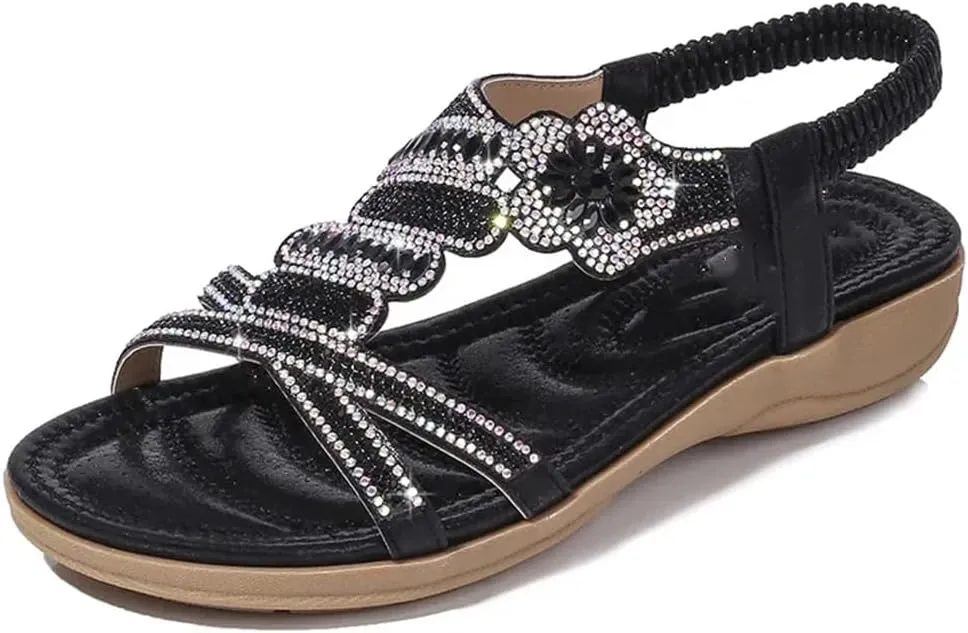 Womens Elastic Band Front Rear Strap Flat Heel Open Side Vamp Gladiator Sandals PU Upper Diamond Summer Sandals