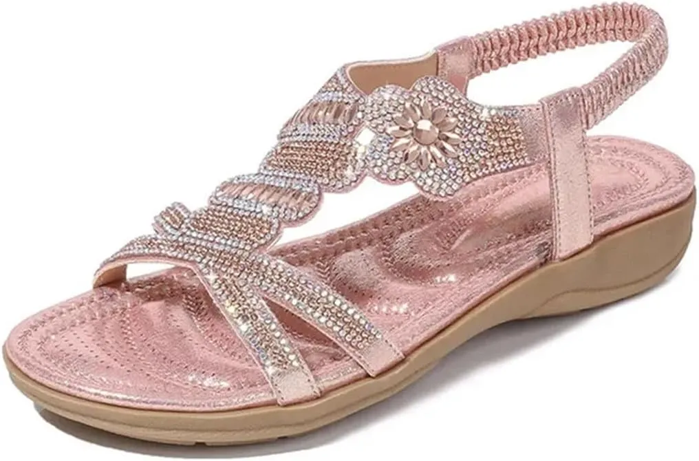 Womens Elastic Band Front Rear Strap Flat Heel Open Side Vamp Gladiator Sandals PU Upper Diamond Summer Sandals