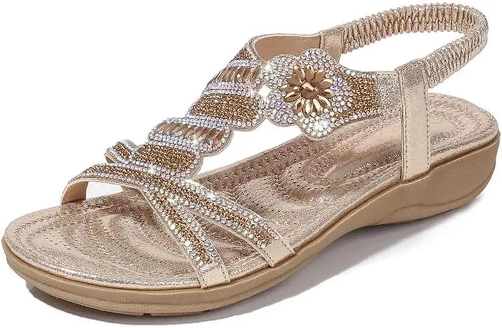 Womens Elastic Band Front Rear Strap Flat Heel Open Side Vamp Gladiator Sandals PU Upper Diamond Summer Sandals