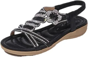 Womens Elastic Band Front Rear Strap Flat Heel Open Side Vamp Gladiator Sandals PU Upper Diamond Summer Sandals
