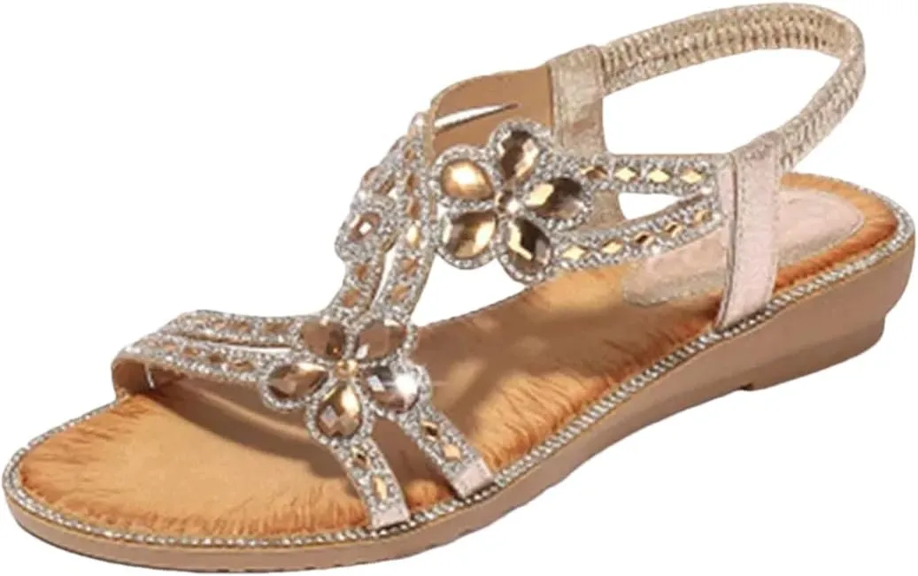 Womens Elastic Band Front Rear Strap Wedge Heel Open Side Vamp Gladiator Sandals PU Upper Crystal Bohemian Floral Casual