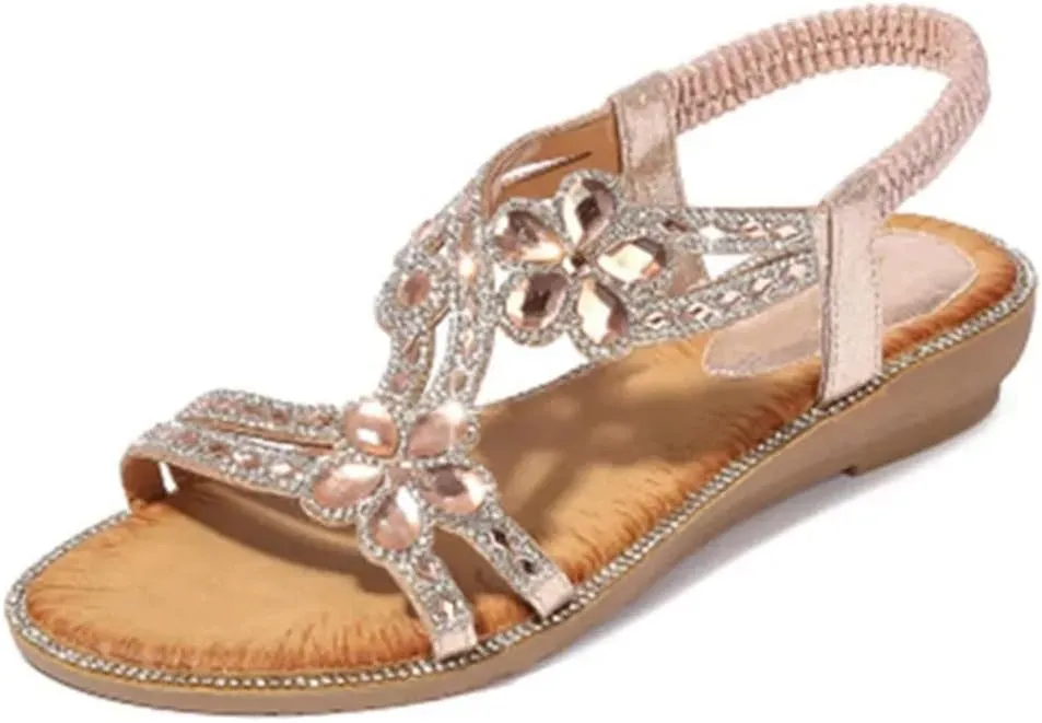 Womens Elastic Band Front Rear Strap Wedge Heel Open Side Vamp Gladiator Sandals PU Upper Crystal Bohemian Floral Casual