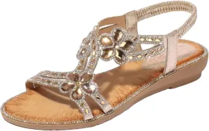 Womens Elastic Band Front Rear Strap Wedge Heel Open Side Vamp Gladiator Sandals PU Upper Crystal Bohemian Floral Casual