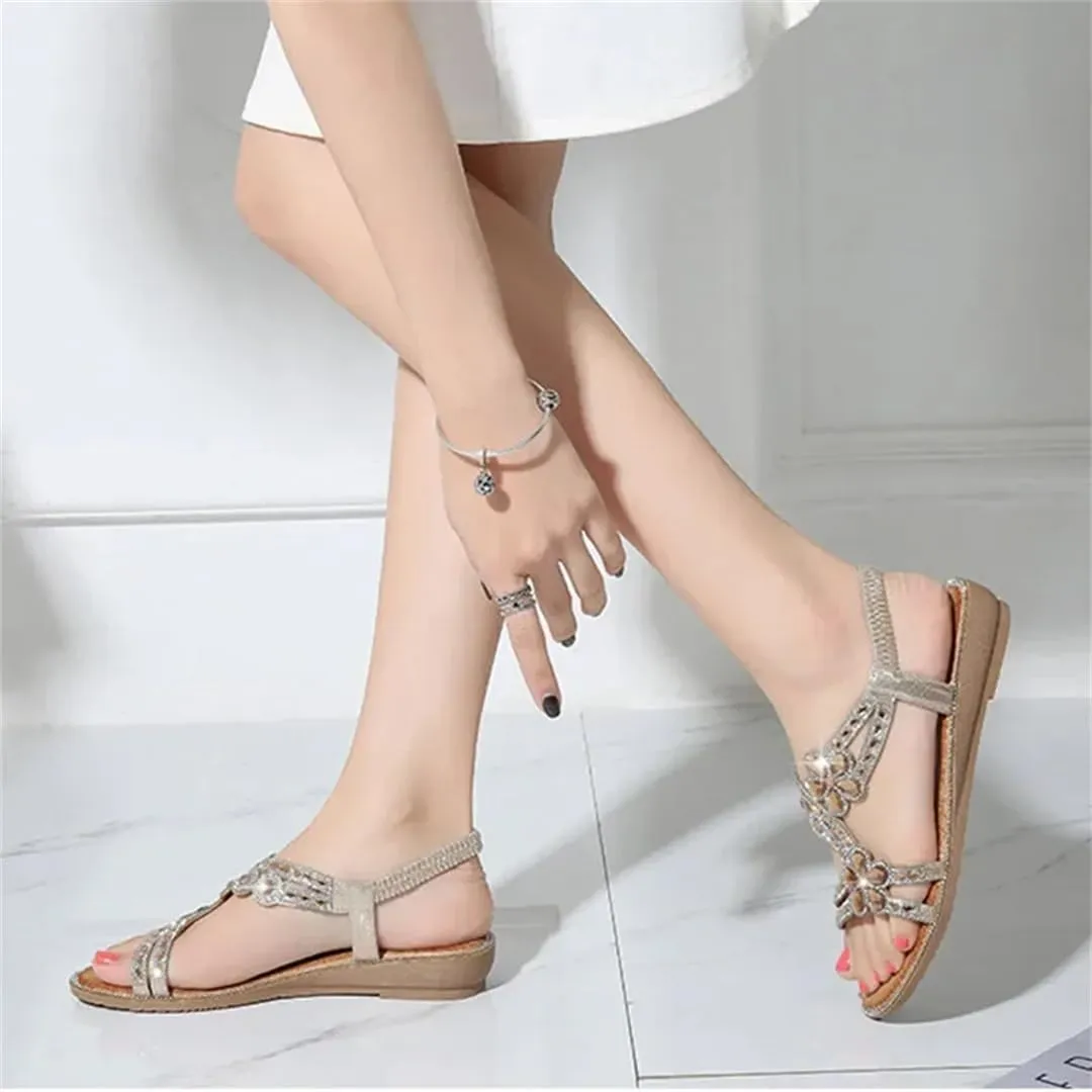 Womens Elastic Band Front Rear Strap Wedge Heel Open Side Vamp Gladiator Sandals PU Upper Crystal Bohemian Floral Casual