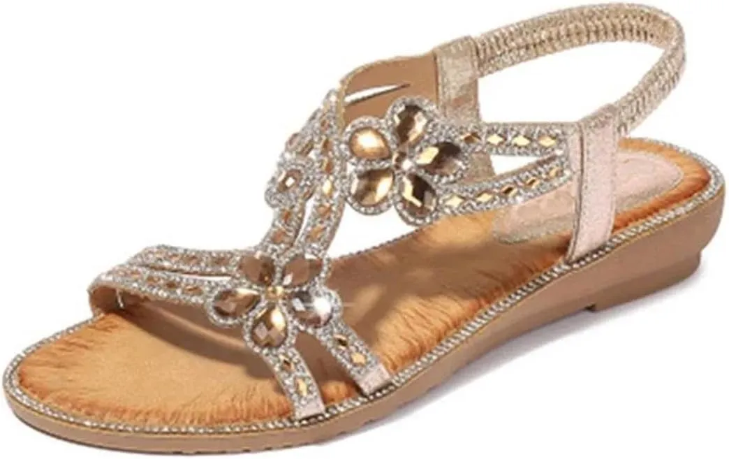 Womens Elastic Band Front Rear Strap Wedge Heel Open Side Vamp Gladiator Sandals PU Upper Crystal Bohemian Floral Casual