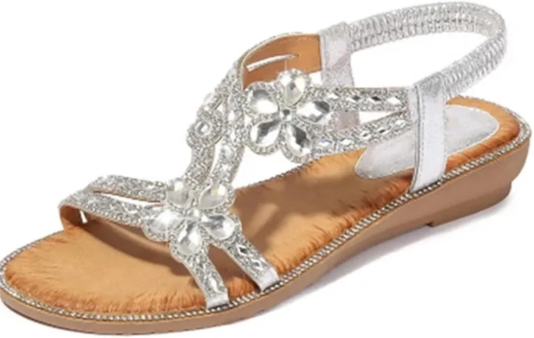 Womens Elastic Band Front Rear Strap Wedge Heel Open Side Vamp Gladiator Sandals PU Upper Crystal Bohemian Floral Casual