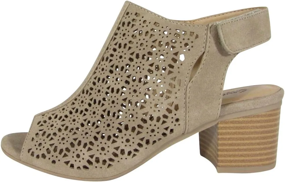 Women's Elect Caged Geometric Laser Cut Out Peep Toe Slingback Chunky Stacked Heel Ankle Bootie