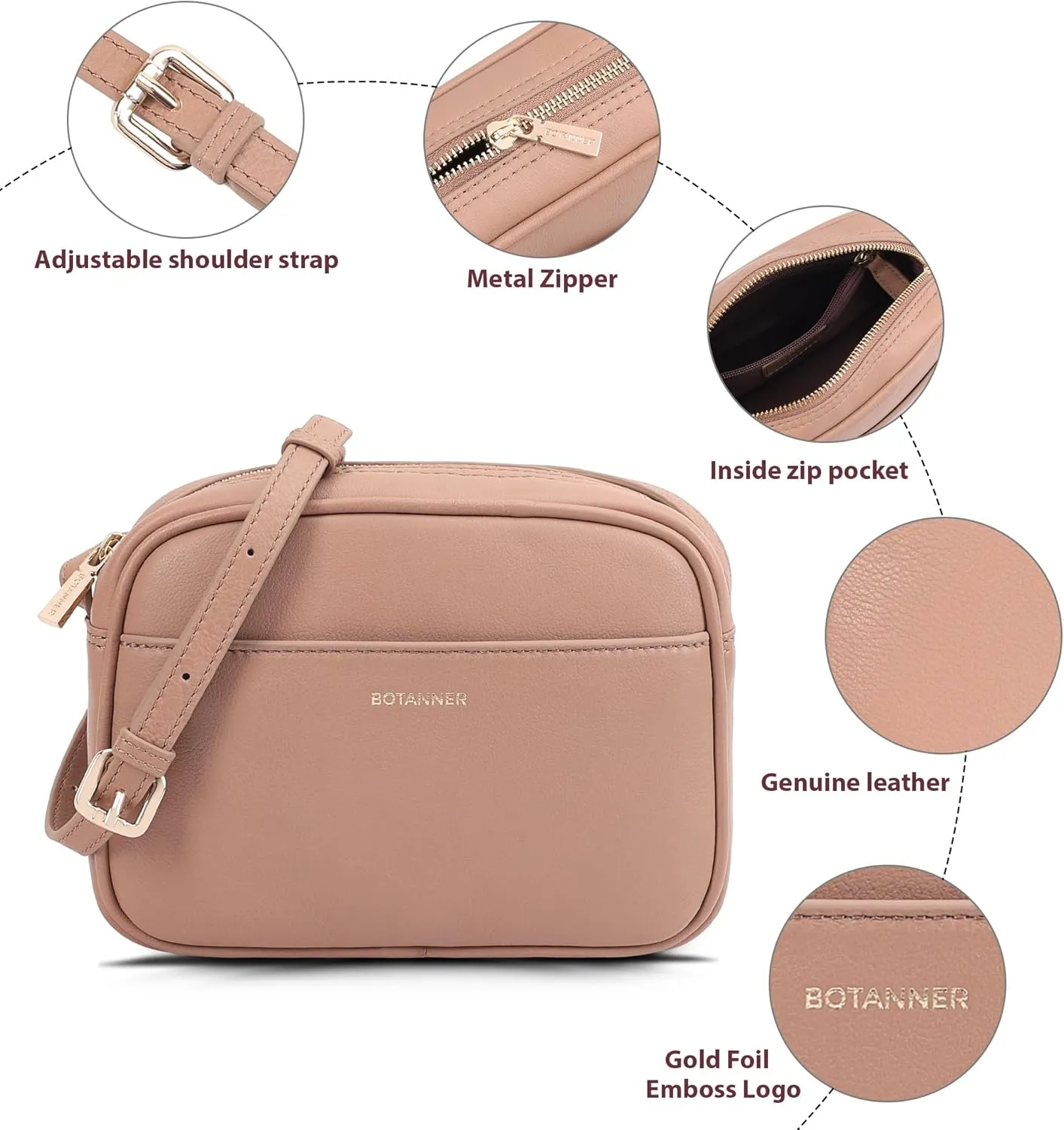 Women's Elegant Genuine Leather Crossbody Bag - Versatile Design, Adjustable Strap, Top Zip Closer, Light & Chic