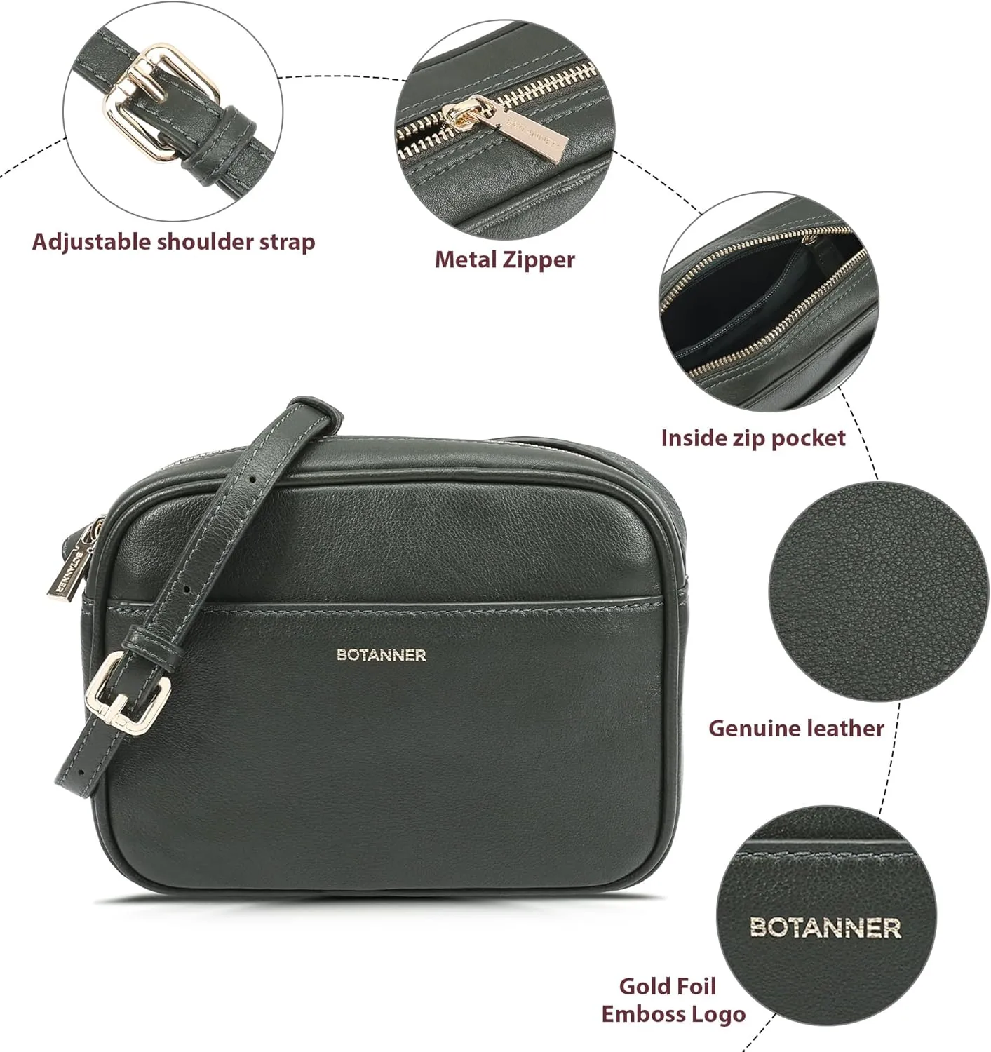 Women's Elegant Genuine Leather Crossbody Bag - Versatile Design, Adjustable Strap, Top Zip Closer, Light & Chic