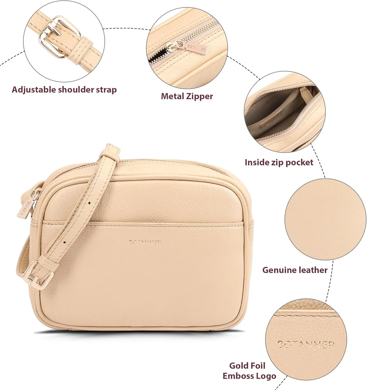 Women's Elegant Genuine Leather Crossbody Bag - Versatile Design, Adjustable Strap, Top Zip Closer, Light & Chic
