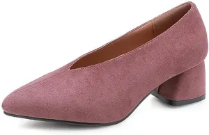 Women's Fashion Suede Mid Heel Pumps Pointed Toe V Cut Retro Casual Slip On Office Work Dress Shoes