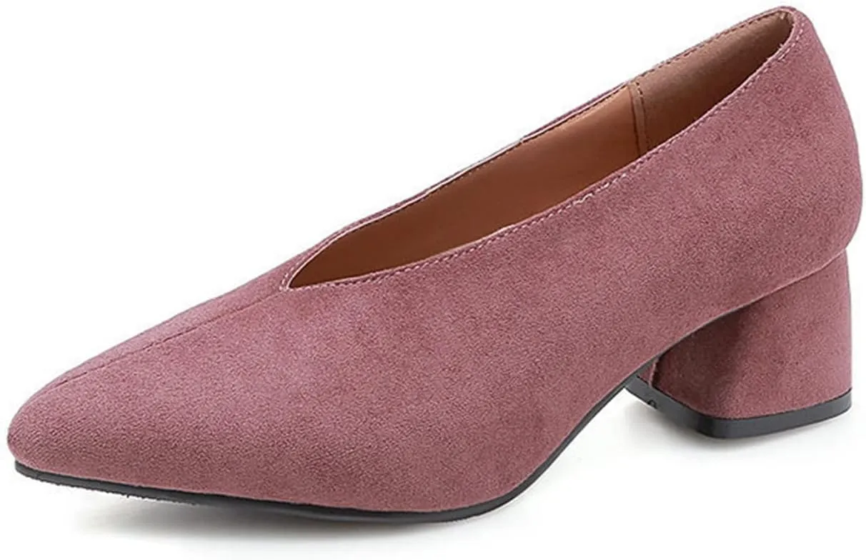 Women's Fashion Suede Mid Heel Pumps Pointed Toe V Cut Retro Casual Slip On Office Work Dress Shoes