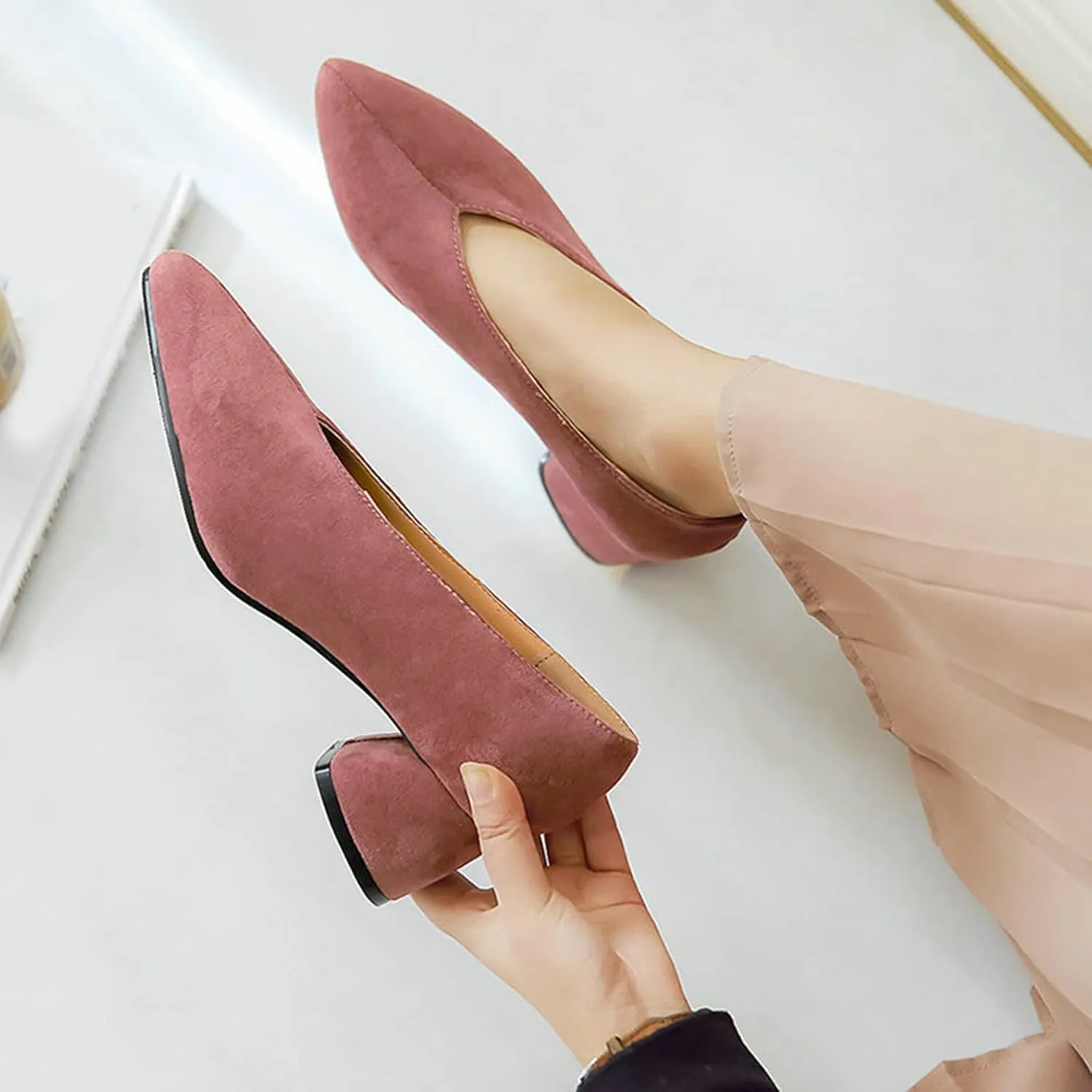Women's Fashion Suede Mid Heel Pumps Pointed Toe V Cut Retro Casual Slip On Office Work Dress Shoes