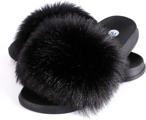 Women's Faux Fur Slides, Open Toe Cute Fur Slippers, Indoor or Outdoor Comfortable Furry Slide Sandals With Fluffy Fur