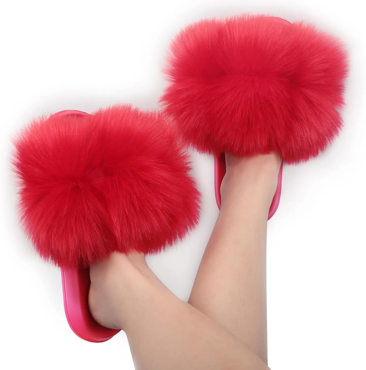 Women's Faux Fur Slides, Open Toe Cute Fur Slippers, Indoor or Outdoor Comfortable Furry Slide Sandals With Fluffy Fur