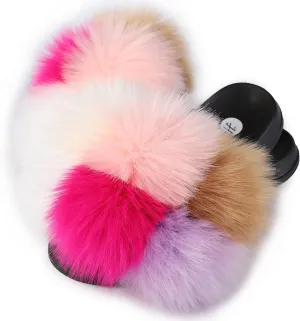Women's Faux Fur Slides, Open Toe Cute Fur Slippers, Indoor or Outdoor Comfortable Furry Slide Sandals With Fluffy Fur