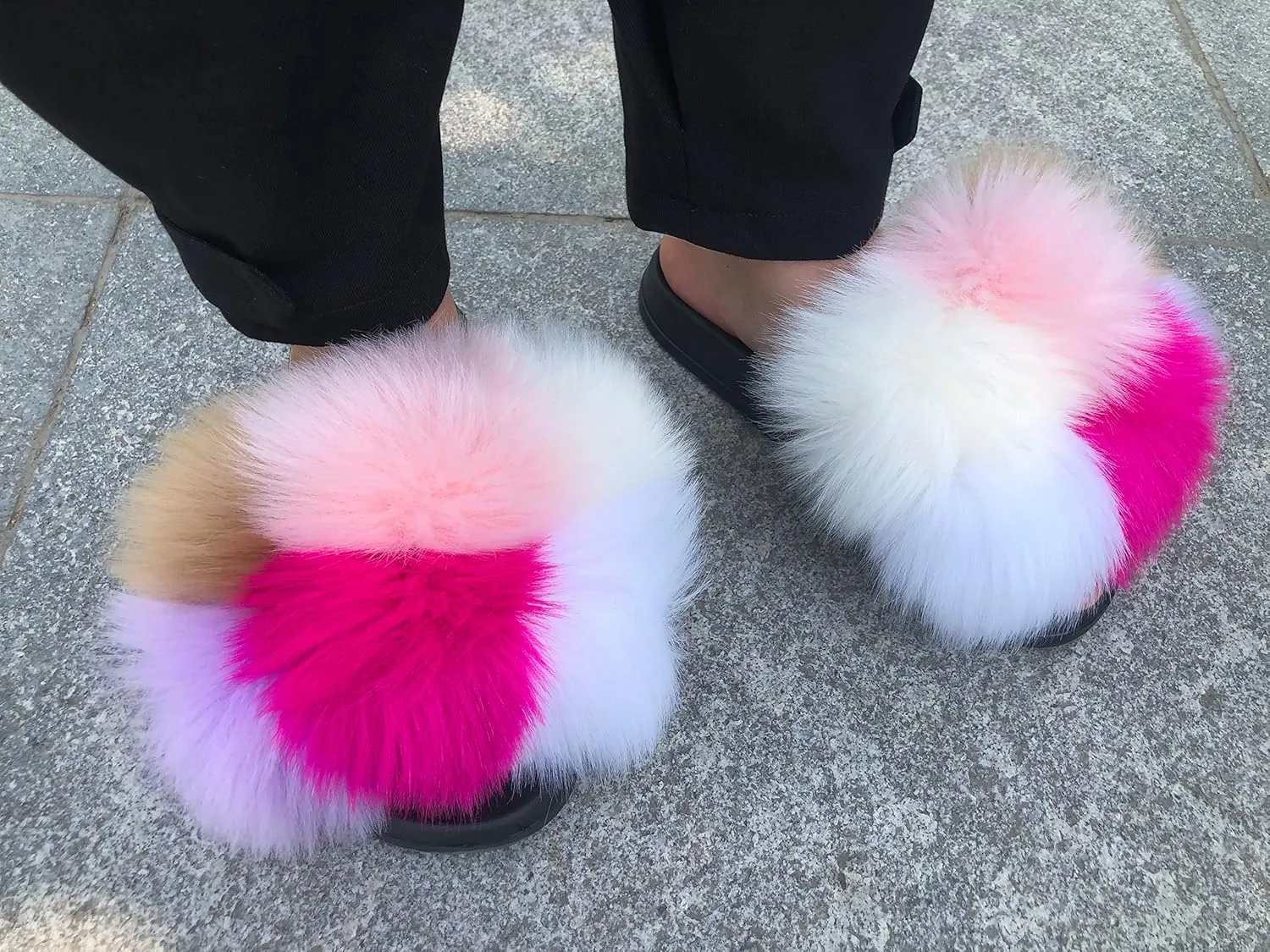 Women's Faux Fur Slides, Open Toe Cute Fur Slippers, Indoor or Outdoor Comfortable Furry Slide Sandals With Fluffy Fur