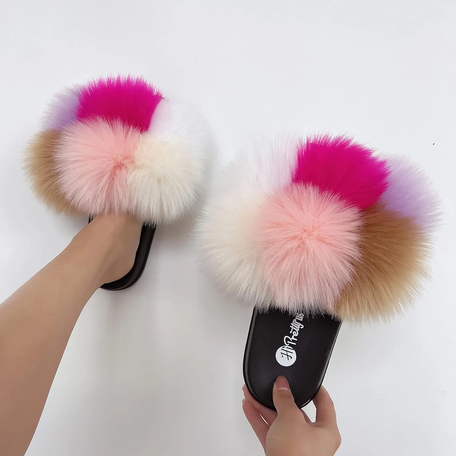 Women's Faux Fur Slides, Open Toe Cute Fur Slippers, Indoor or Outdoor Comfortable Furry Slide Sandals With Fluffy Fur