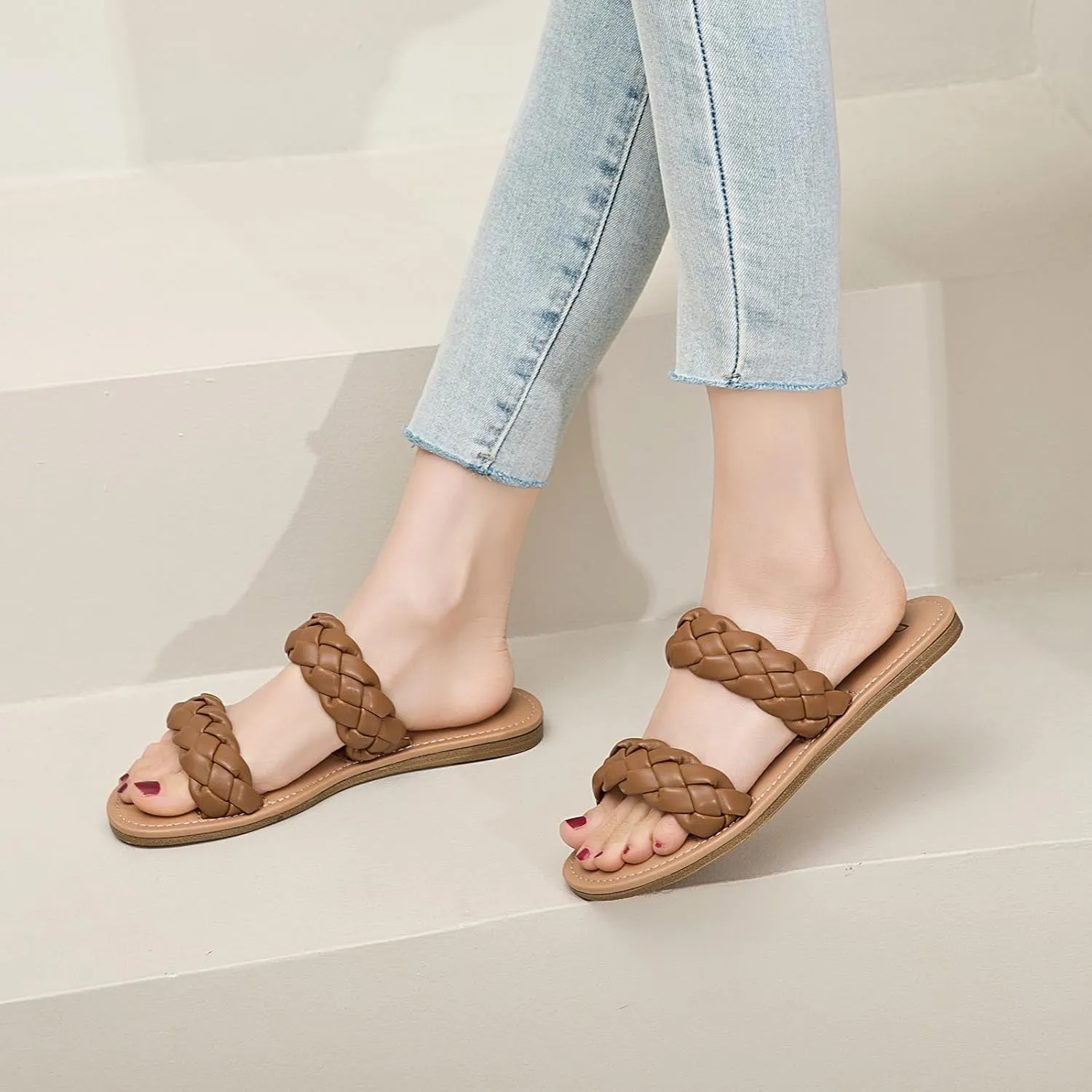 Women's Flat Slides Sandals, Summer Slippers Comfortable Braided Strap Round Open Toe Casual Beach Shoes for Women.
