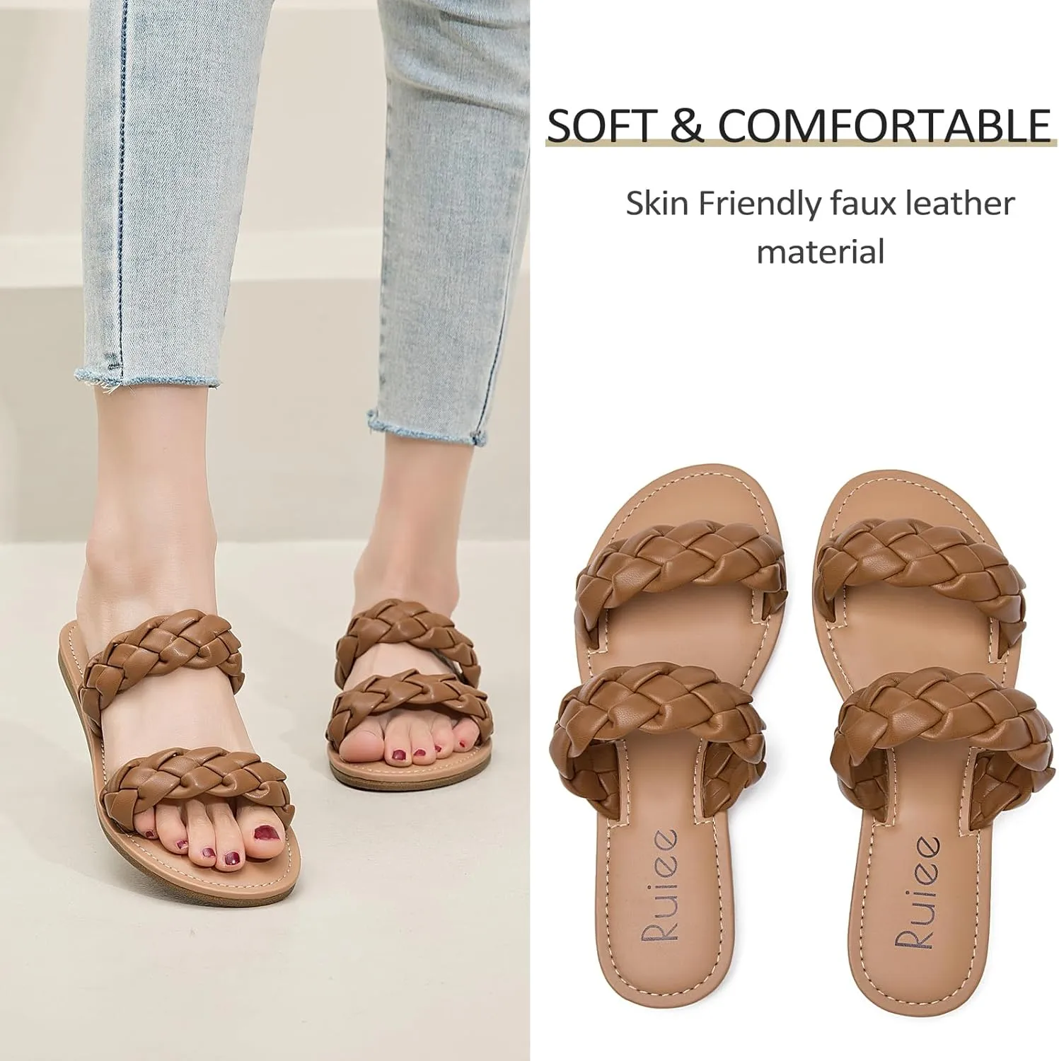 Women's Flat Slides Sandals, Summer Slippers Comfortable Braided Strap Round Open Toe Casual Beach Shoes for Women.