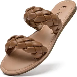 Women's Flat Slides Sandals, Summer Slippers Comfortable Braided Strap Round Open Toe Casual Beach Shoes for Women.