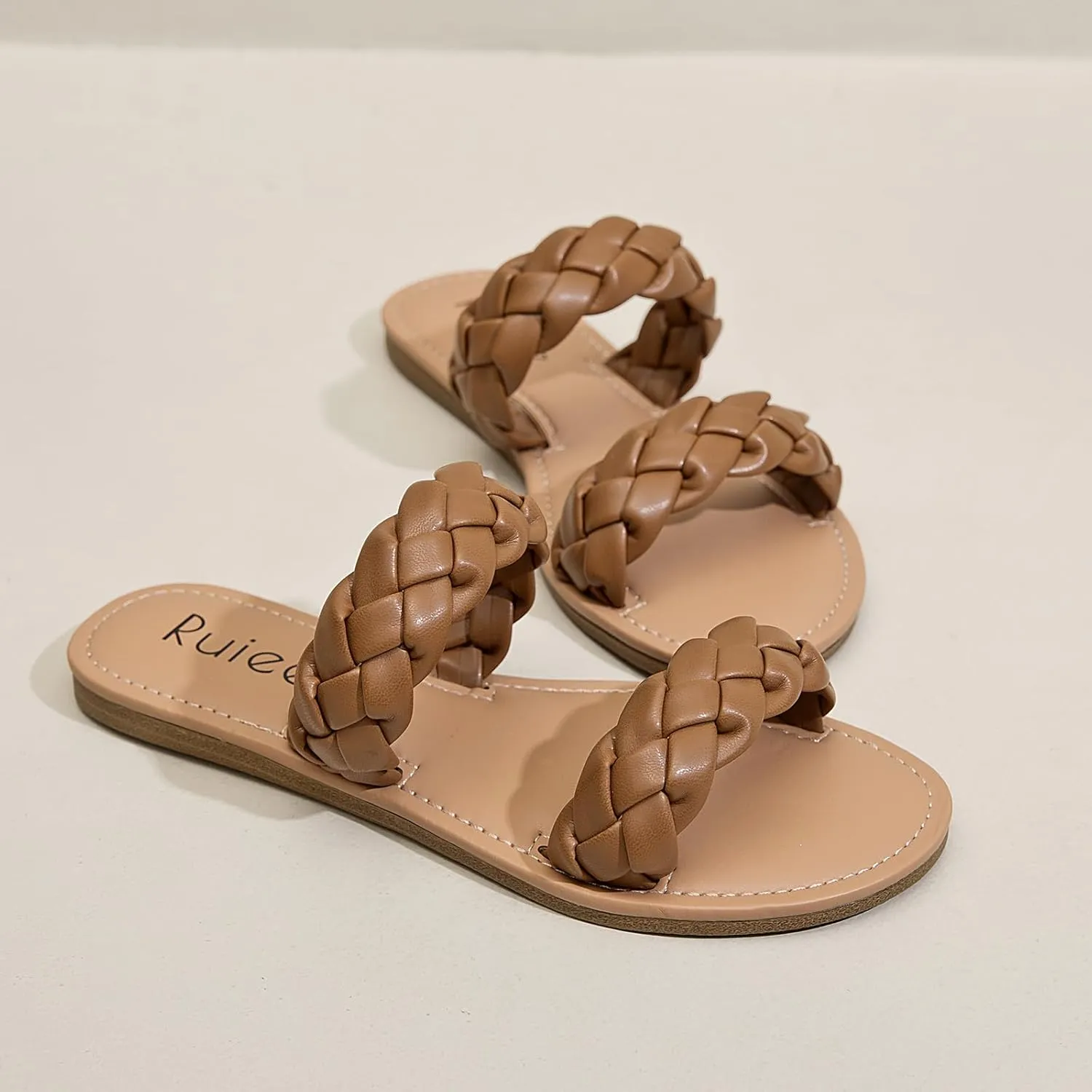 Women's Flat Slides Sandals, Summer Slippers Comfortable Braided Strap Round Open Toe Casual Beach Shoes for Women.