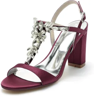 Women's High Chunky Heels Wedding Dress Shoes T-Strap Sandals Open Toe Bridal Pumps Rhinestone Party Bridesmaid Shoes