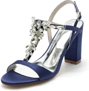 Women's High Chunky Heels Wedding Dress Shoes T-Strap Sandals Open Toe Bridal Pumps Rhinestone Party Bridesmaid Shoes