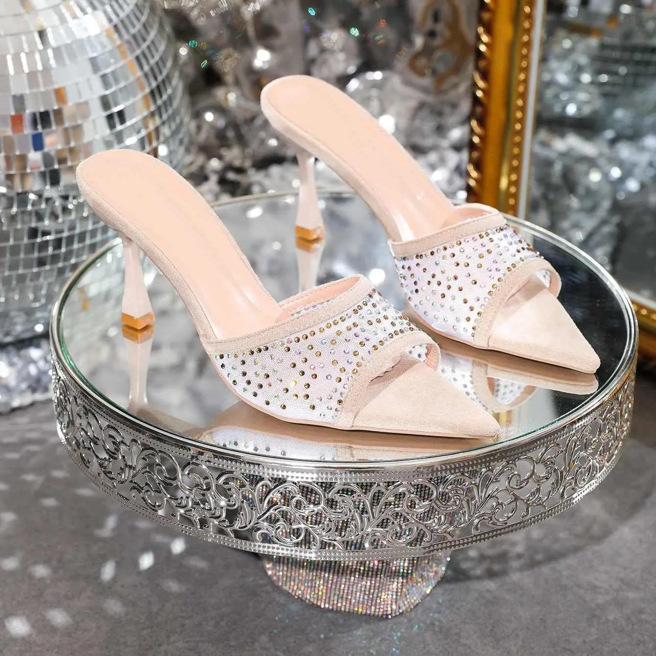 Women's High Heeled Slippers,Women Embellished Rhinestone Tulle Mules Pointed Peep Toe Sparkly Slip On Sandals