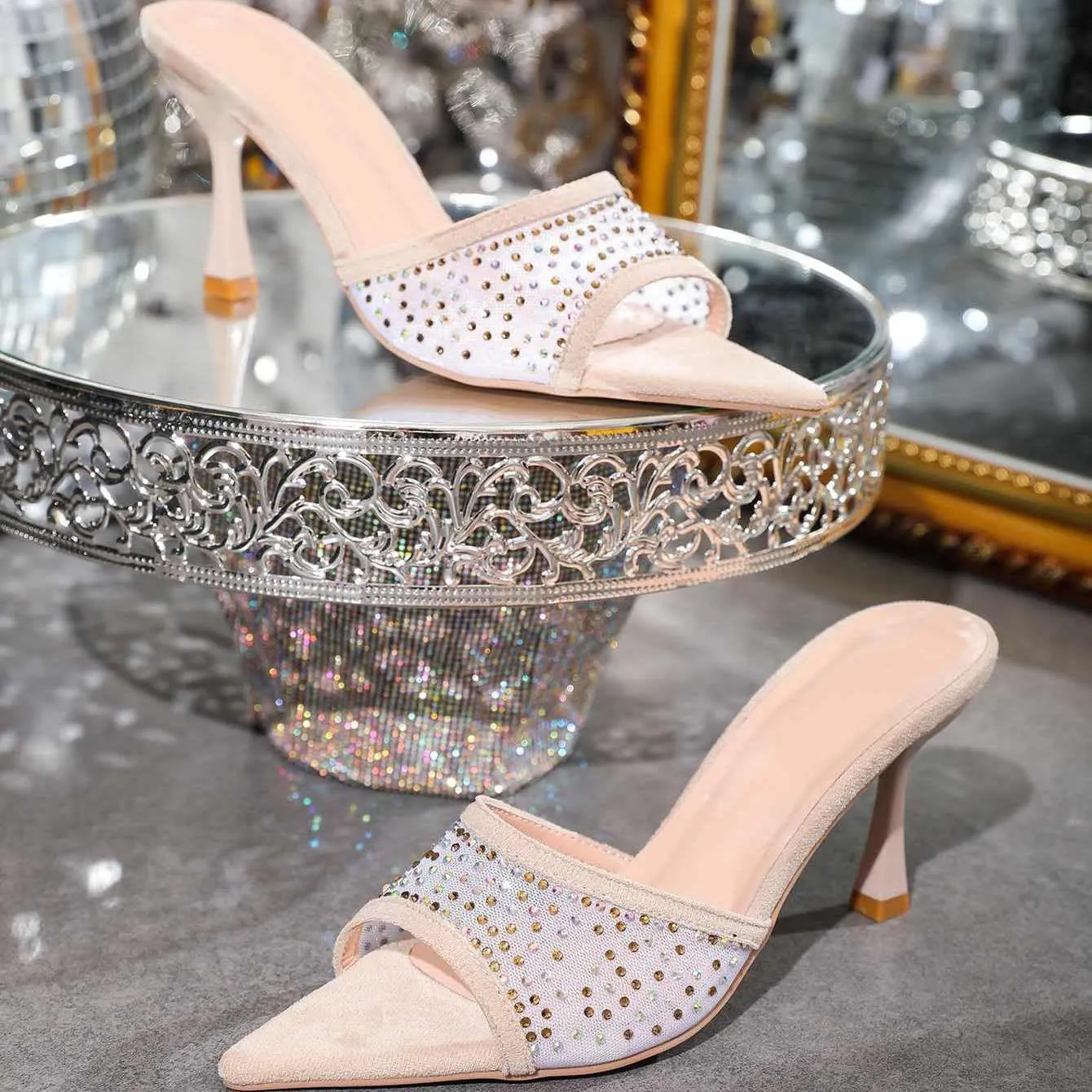 Women's High Heeled Slippers,Women Embellished Rhinestone Tulle Mules Pointed Peep Toe Sparkly Slip On Sandals