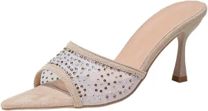 Women's High Heeled Slippers,Women Embellished Rhinestone Tulle Mules Pointed Peep Toe Sparkly Slip On Sandals