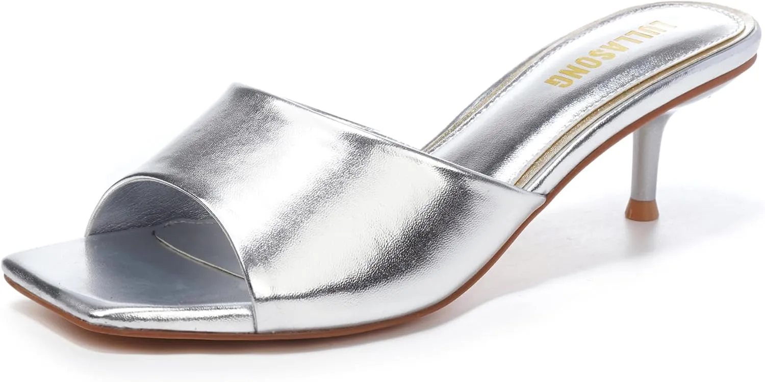 Women's Kitten Heels Sandals Low Heels Slip On Slides 2 Inch Heeled Square Open Toe Sandals for Women