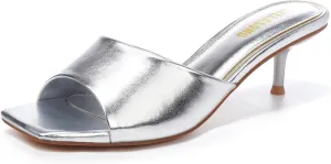 Women's Kitten Heels Sandals Low Heels Slip On Slides 2 Inch Heeled Square Open Toe Sandals for Women
