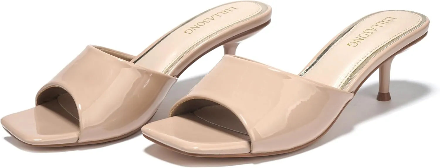 Women's Kitten Heels Sandals Low Heels Slip On Slides 2 Inch Heeled Square Open Toe Sandals for Women