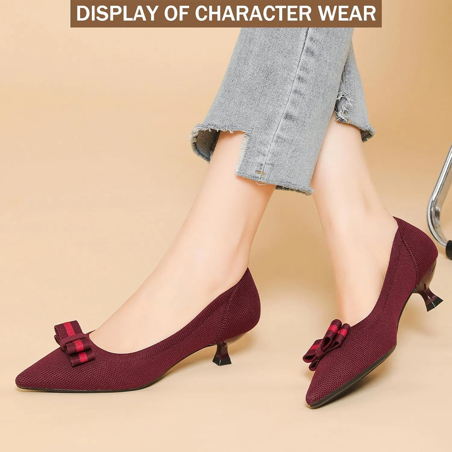 Women's Knit Kitten Heel Pumps Fashion Bow Decoration Closed Pointed Toe Slip On Low Heel Dress Shoe Summer Comfort Breathable Mesh Formal Pumps for Everyday Parties Evening Dates
