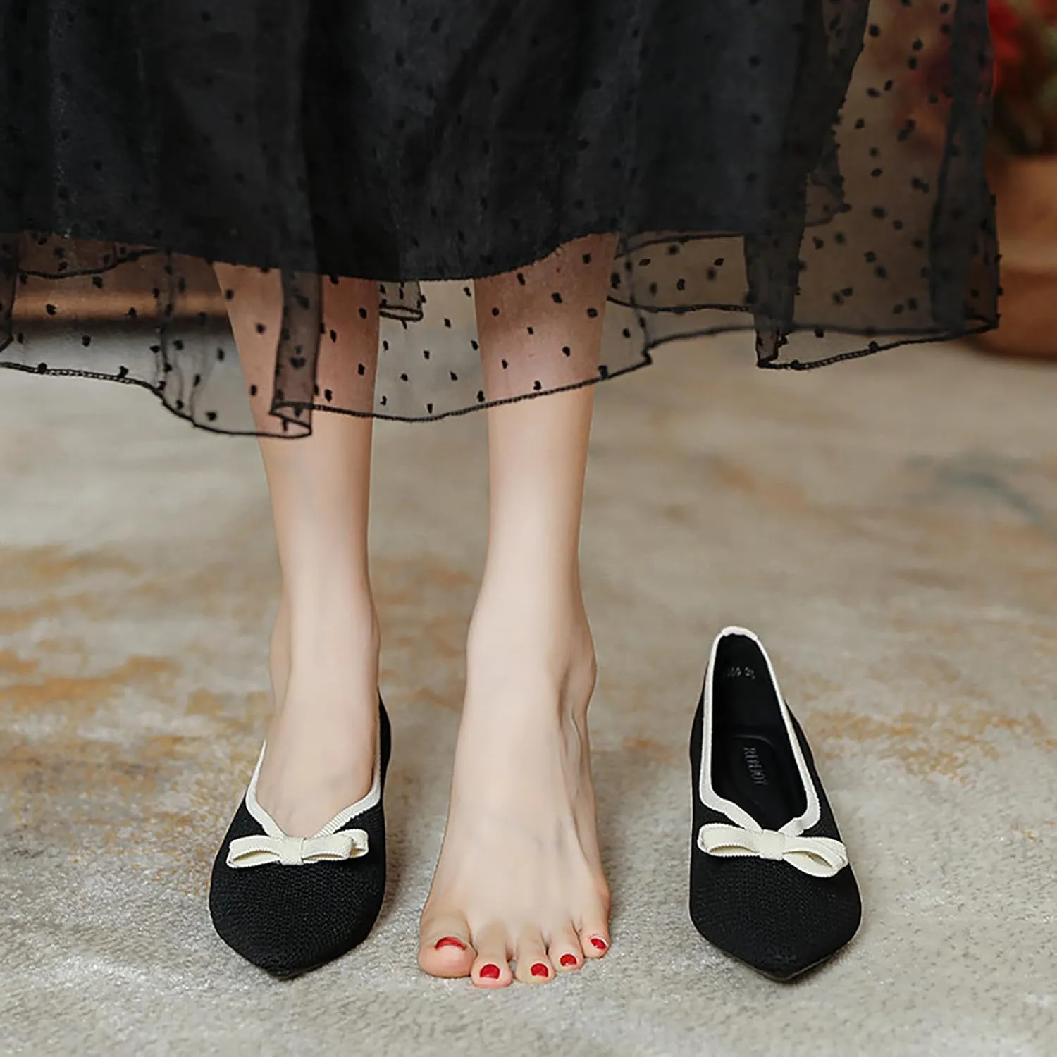 Women's Knitted Bow Pointed Toe Mid Chunky Heel Pumps Fashion Breathable Mesh Slip On Comfort Low Block Heel Dress Shoes for Wedding Party Dates
