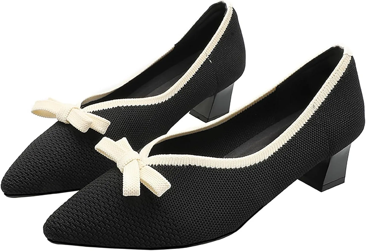 Women's Knitted Bow Pointed Toe Mid Chunky Heel Pumps Fashion Breathable Mesh Slip On Comfort Low Block Heel Dress Shoes for Wedding Party Dates