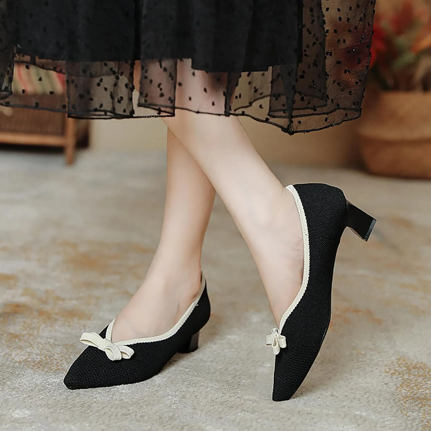 Women's Knitted Bow Pointed Toe Mid Chunky Heel Pumps Fashion Breathable Mesh Slip On Comfort Low Block Heel Dress Shoes for Wedding Party Dates