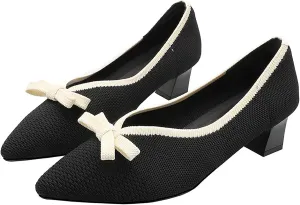 Women's Knitted Bow Pointed Toe Mid Chunky Heel Pumps Fashion Breathable Mesh Slip On Comfort Low Block Heel Dress Shoes for Wedding Party Dates