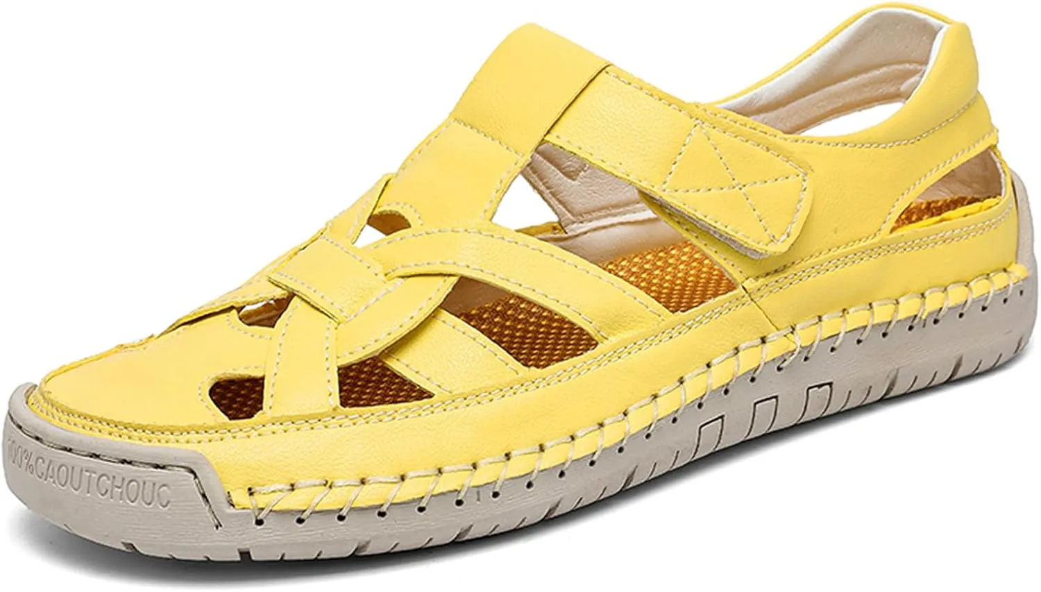 Women's Leather Cutout Closed Toe Fisherman Sandals Summer Comfortable Soft Sole Flat Sandals with Hook and Loop Outdoor Casual Athletic Walking Beach Shoes