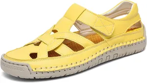 Women's Leather Cutout Closed Toe Fisherman Sandals Summer Comfortable Soft Sole Flat Sandals with Hook and Loop Outdoor Casual Athletic Walking Beach Shoes