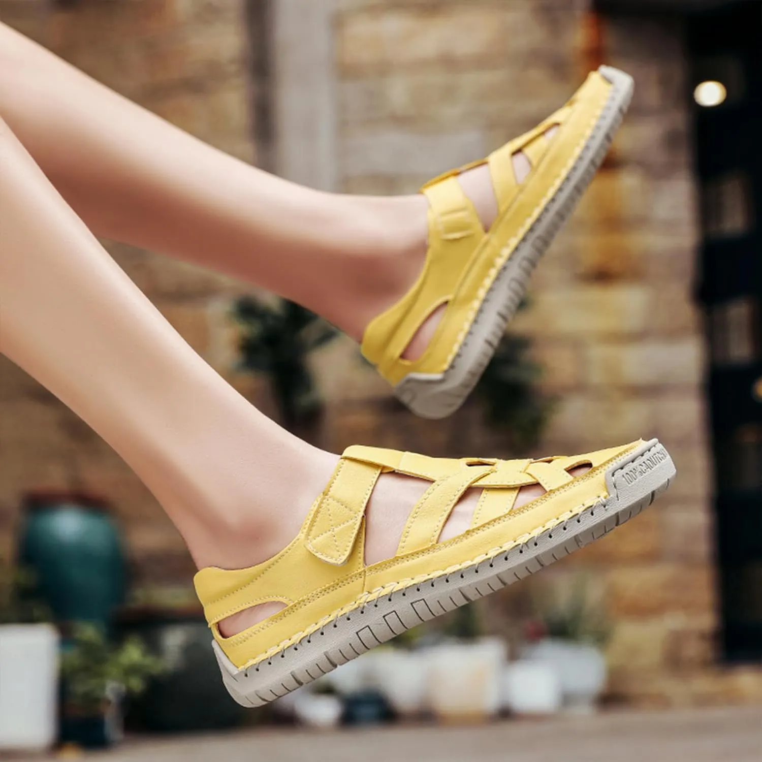 Women's Leather Cutout Closed Toe Fisherman Sandals Summer Comfortable Soft Sole Flat Sandals with Hook and Loop Outdoor Casual Athletic Walking Beach Shoes
