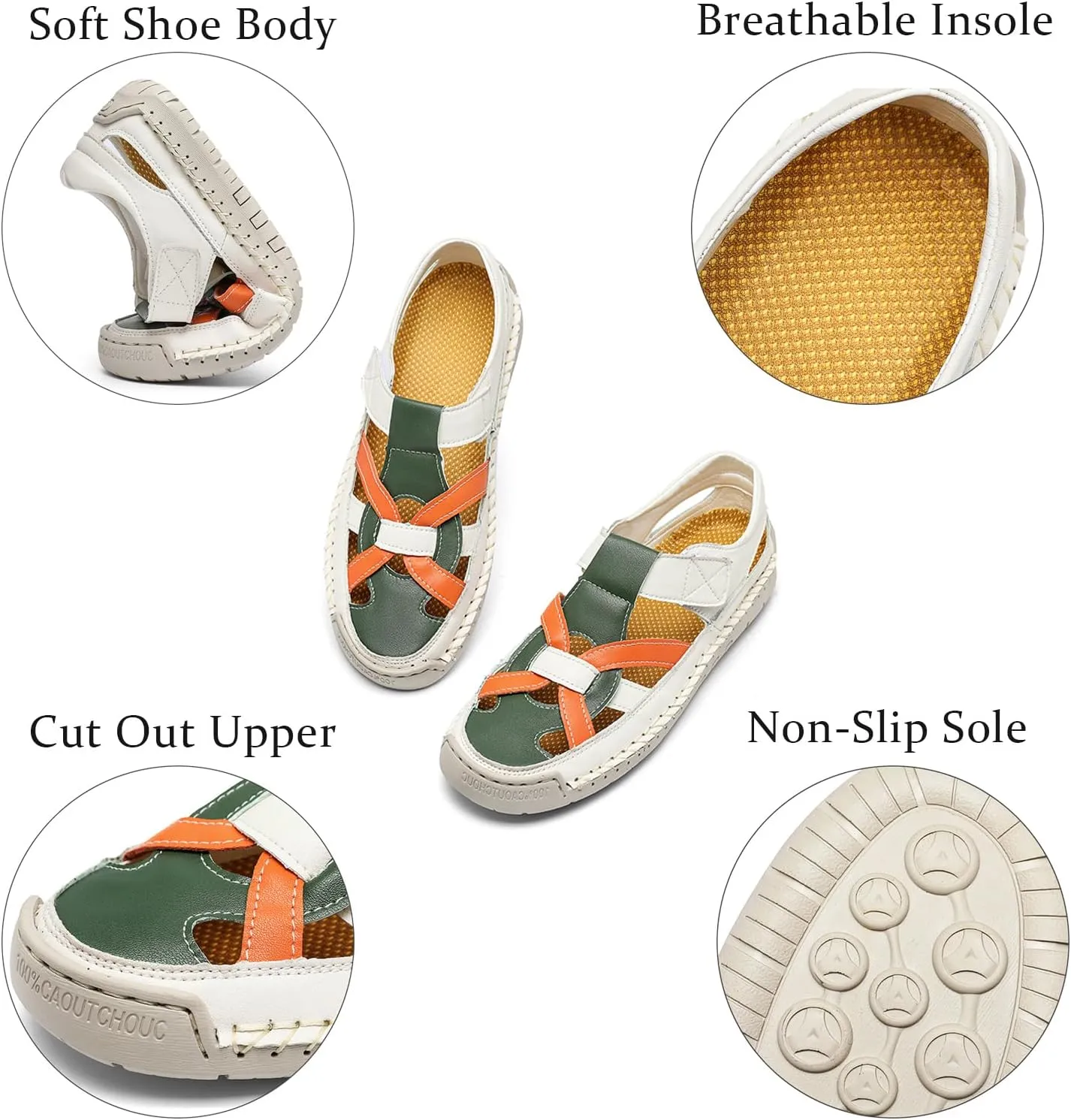 Women's Leather Cutout Closed Toe Fisherman Sandals Summer Comfortable Soft Sole Flat Sandals with Hook and Loop Outdoor Casual Athletic Walking Beach Shoes