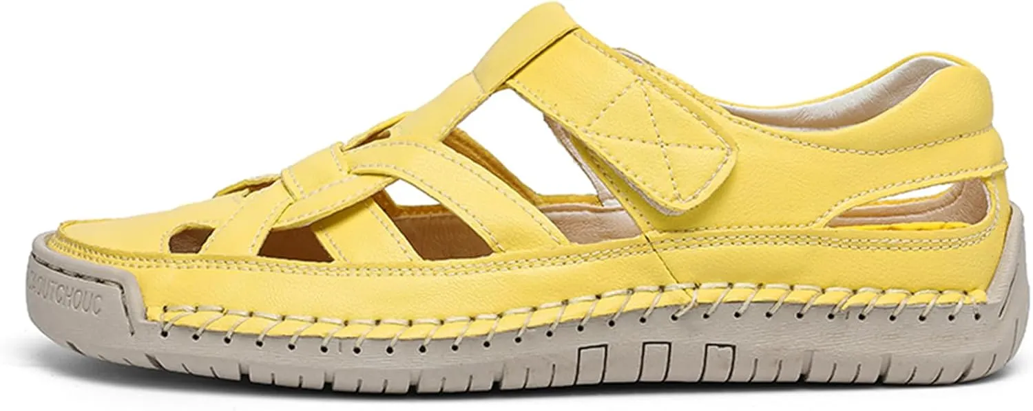 Women's Leather Cutout Closed Toe Fisherman Sandals Summer Comfortable Soft Sole Flat Sandals with Hook and Loop Outdoor Casual Athletic Walking Beach Shoes
