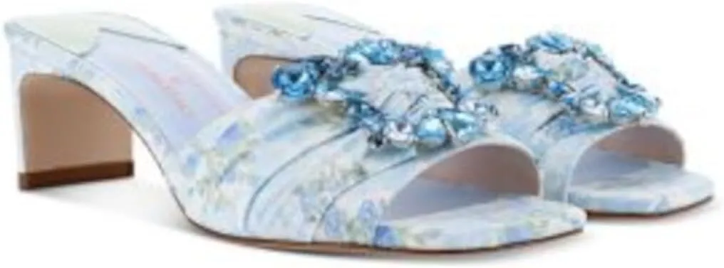 Womens Light Blue Floral Embellished Padded Margaux Square Toe Block Heel Slip On Heeled Sandal 38