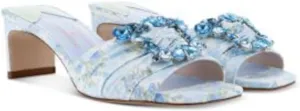 Womens Light Blue Floral Embellished Padded Margaux Square Toe Block Heel Slip On Heeled Sandal 38