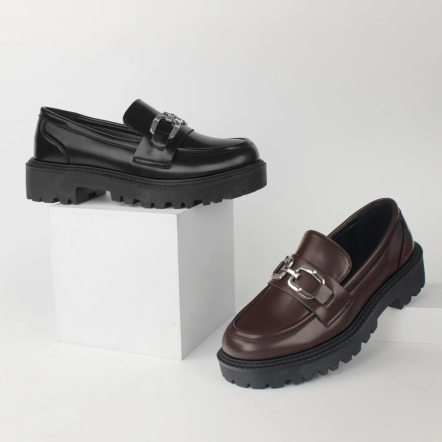 Women's Loafers Fashion Comfortable Platform Chunky Slip On Casual Shoes Round Toe Padded Business Dress Shoe
