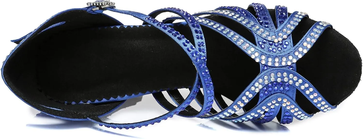 Womens Low High Heel Dance Shoes with Rhinestones Comfortable Wedding Evening Sandals